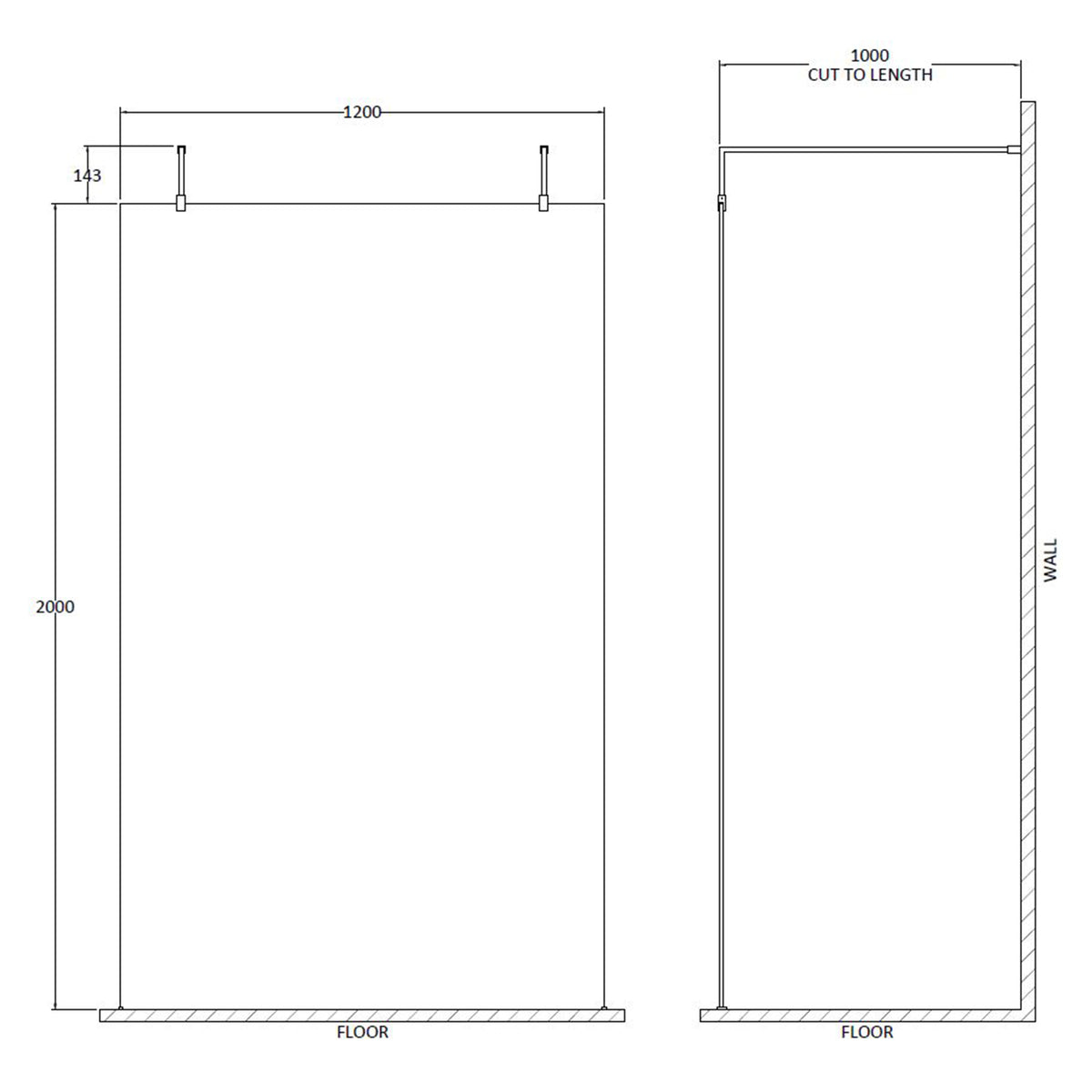 Fairford 1200mm 8mm Matt Black Framed Wetroom Screen, 2 Support Arms