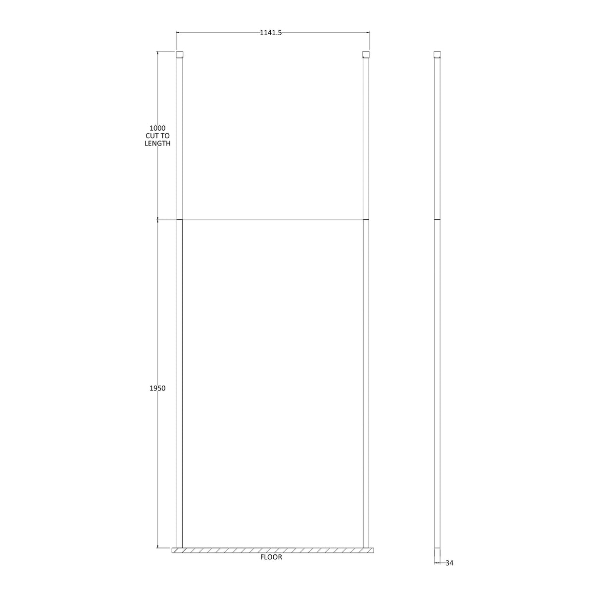 Fairford 1100mm 8mm Matt Black Framed Wetroom Screen, 2 Ceiling Posts