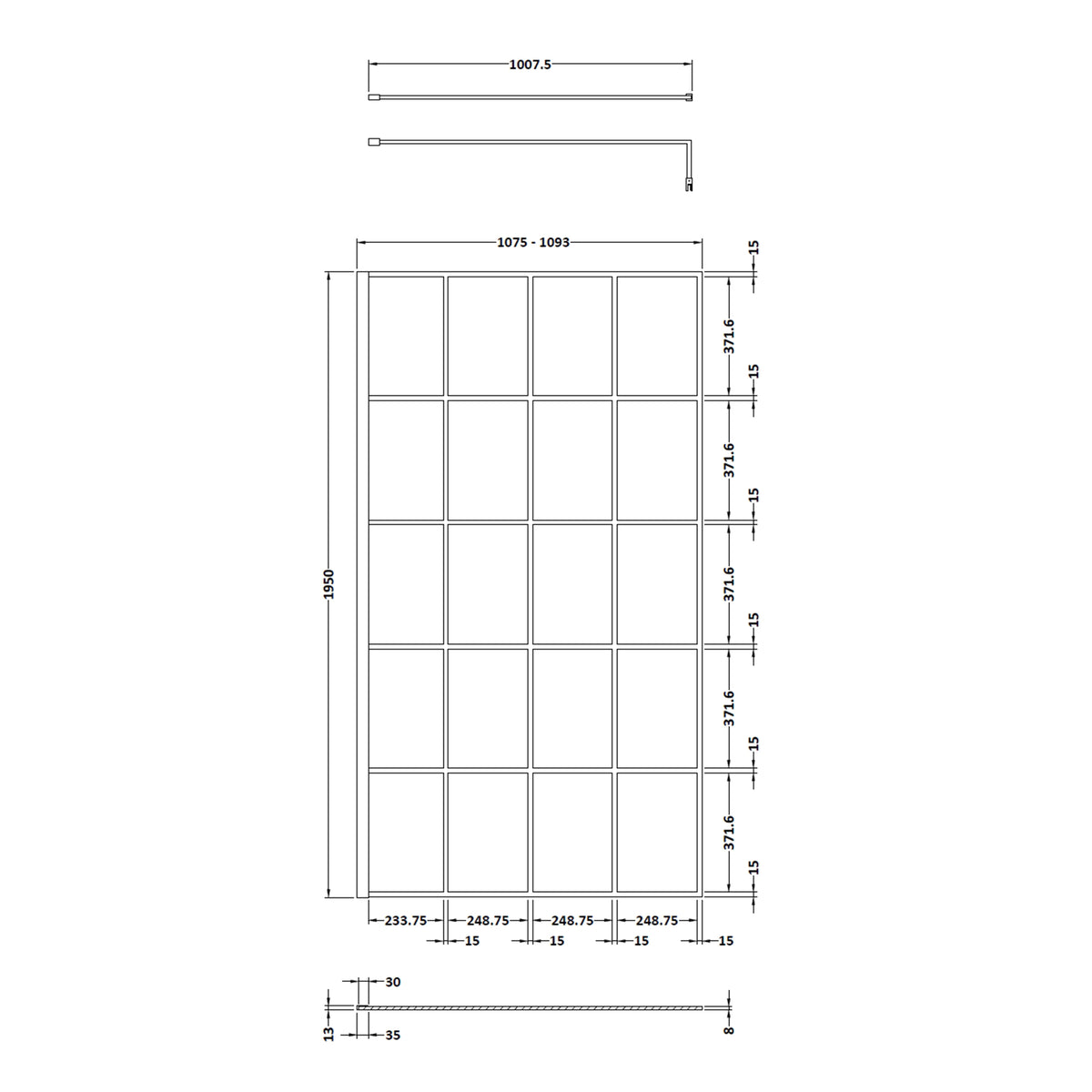 Fairford 1100mm 8mm Matt Black Crittall Wetroom Screen