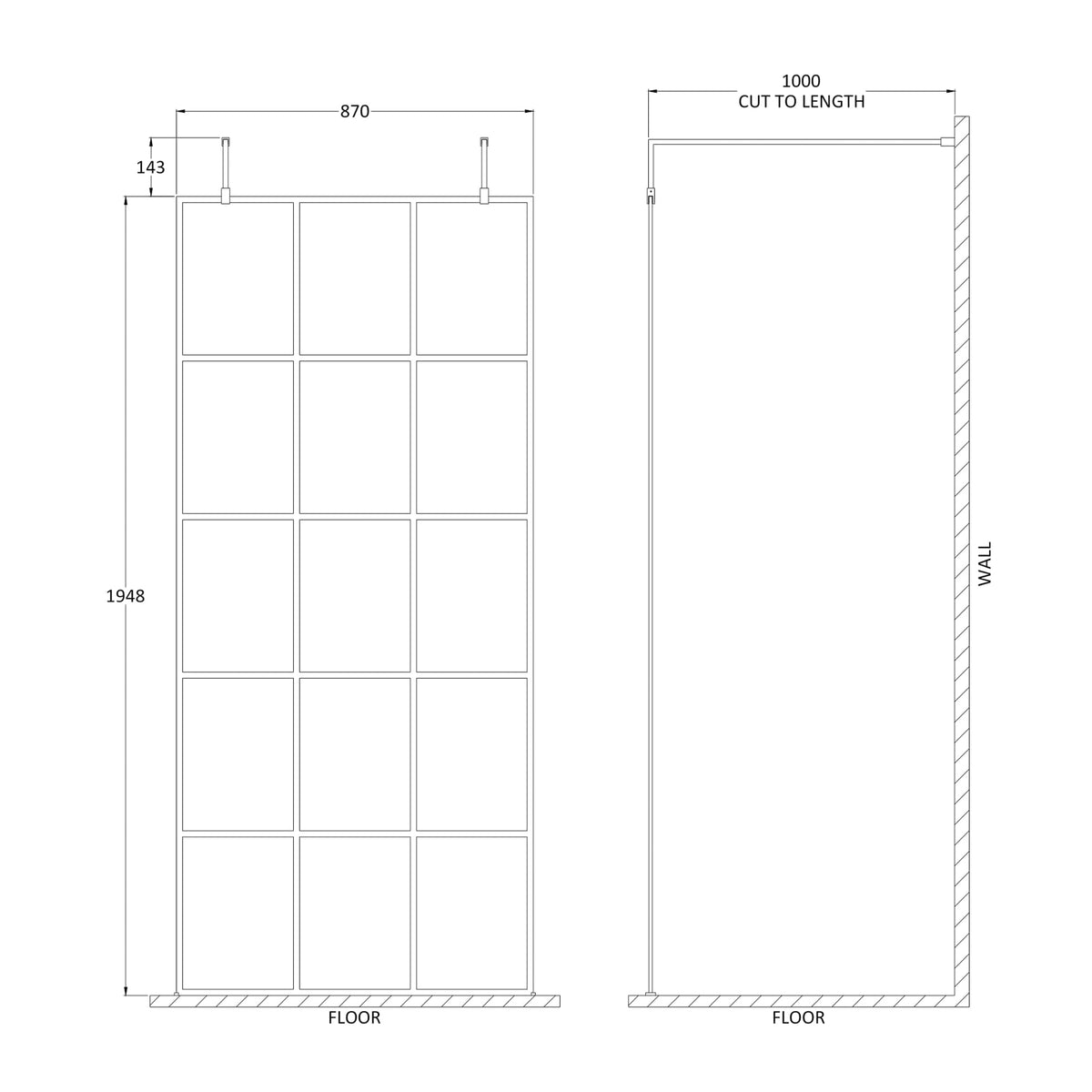 Fairford 900mm 8mm Matt Black Crittall Wetroom Screen, 2 Support Arms