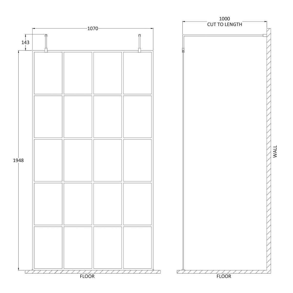 Fairford 1100mm 8mm Matt Black Crittall Wetroom Screen, 2 Support Arms