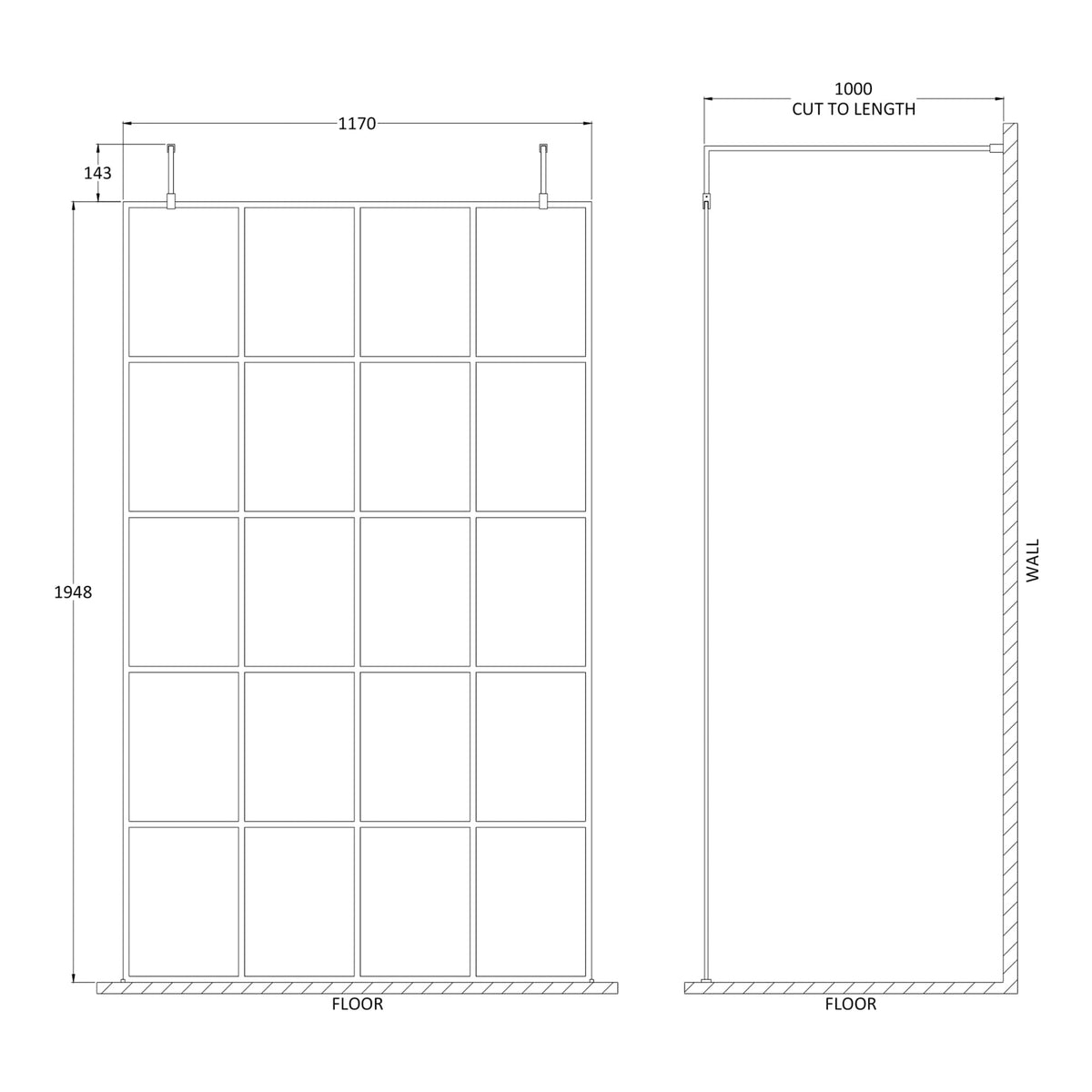 Fairford 1200mm 8mm Matt Black Crittall Wetroom Screen, 2 Support Arms