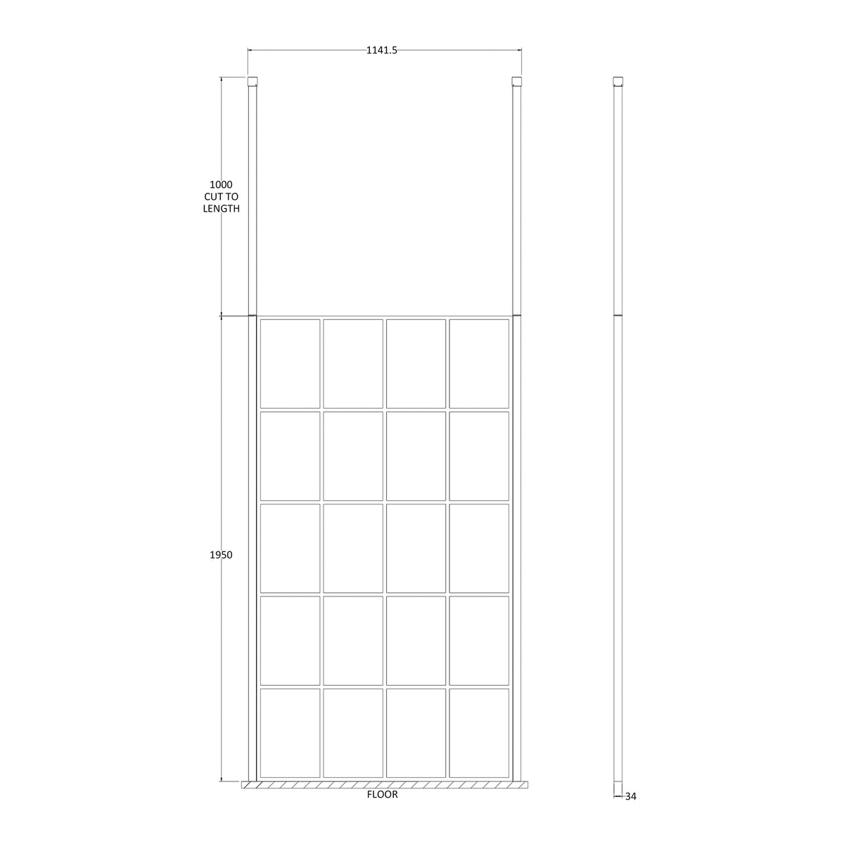 Fairford 1100mm 8mm Matt Black Crittall Wetroom Screen, 2 Ceiling Posts