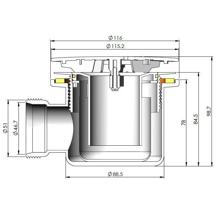 Brushed brass 90mm fast flow waste dimension drawing