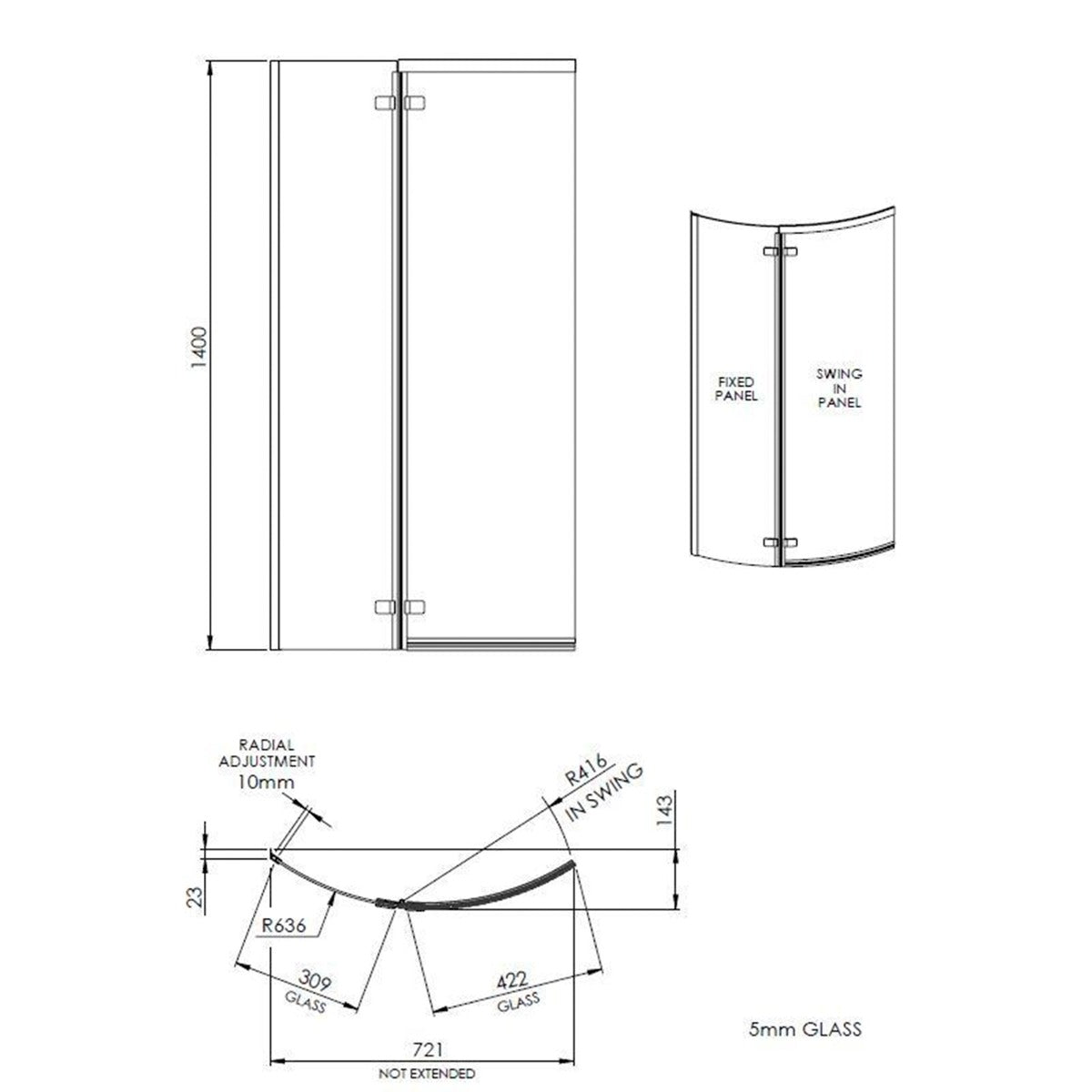 Fairford 5mm B Shaped Shower Bath Screen with Fixed Panel