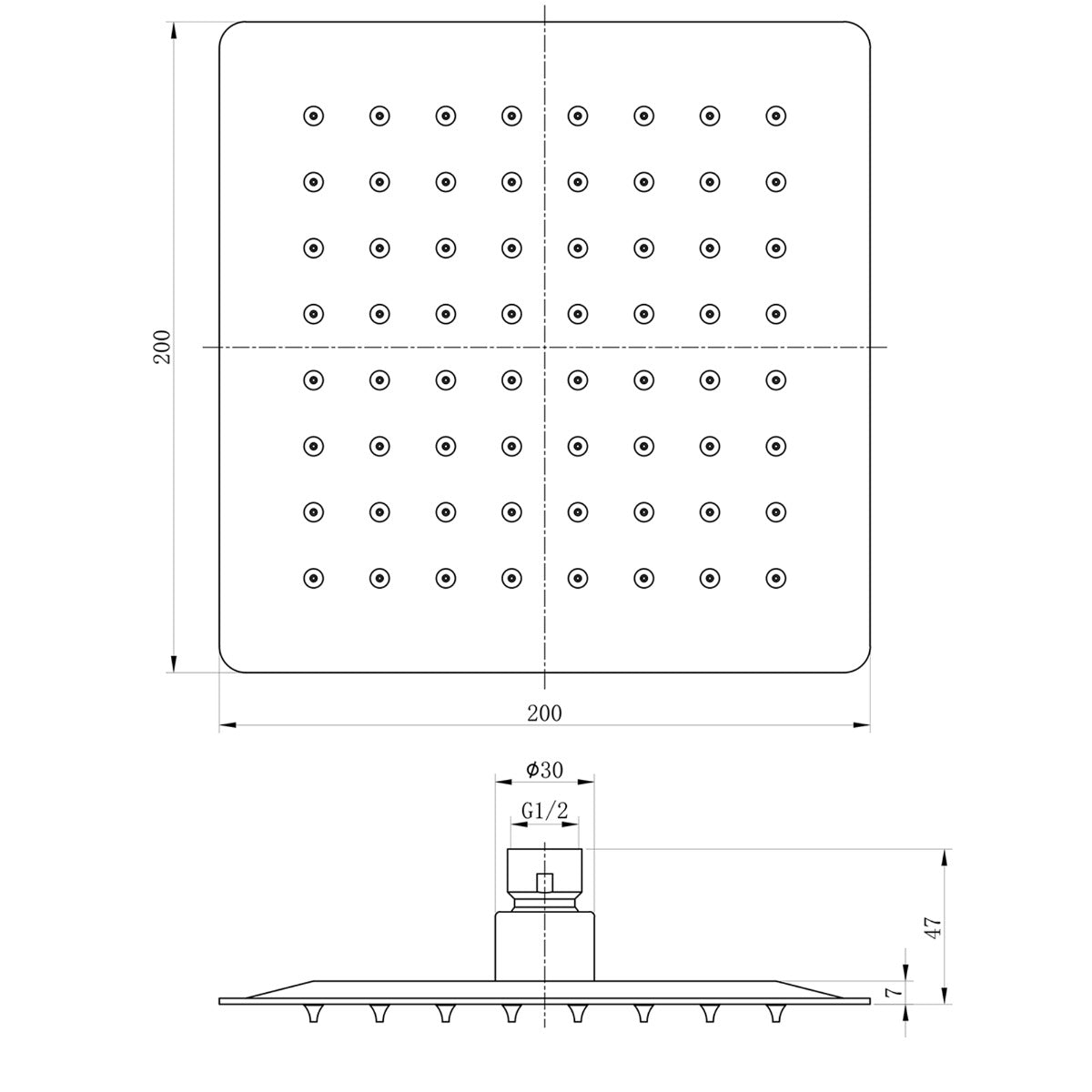 Fairford Una 200 x 200mm Square Overhead Shower Head, Chrome