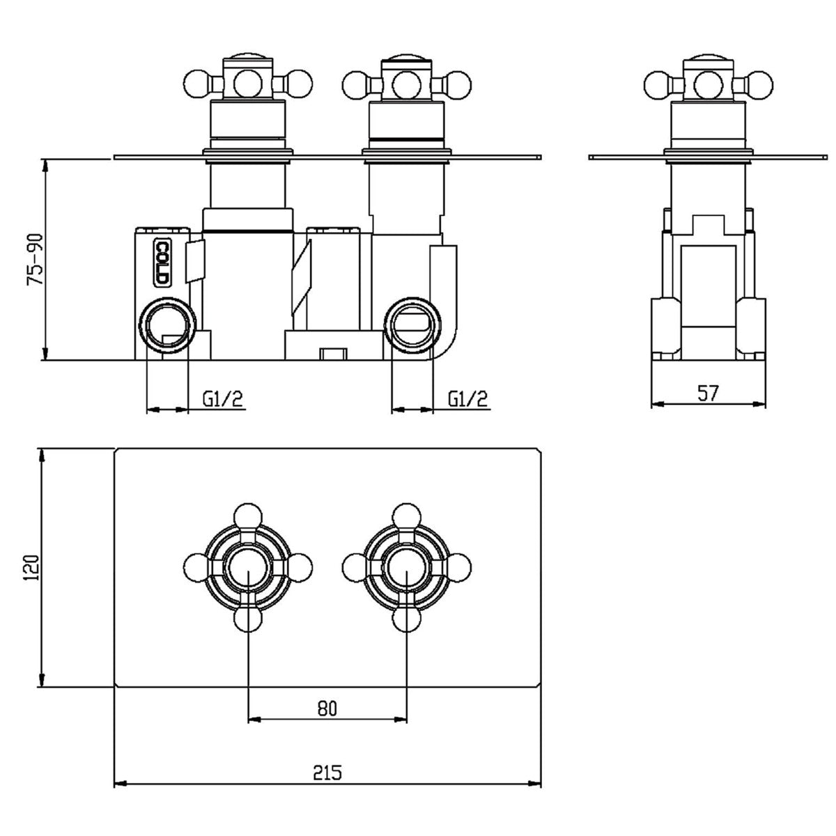 Fairford Winchester Pro Traditional Concealed Triple Shower Valve, 2 Outlet