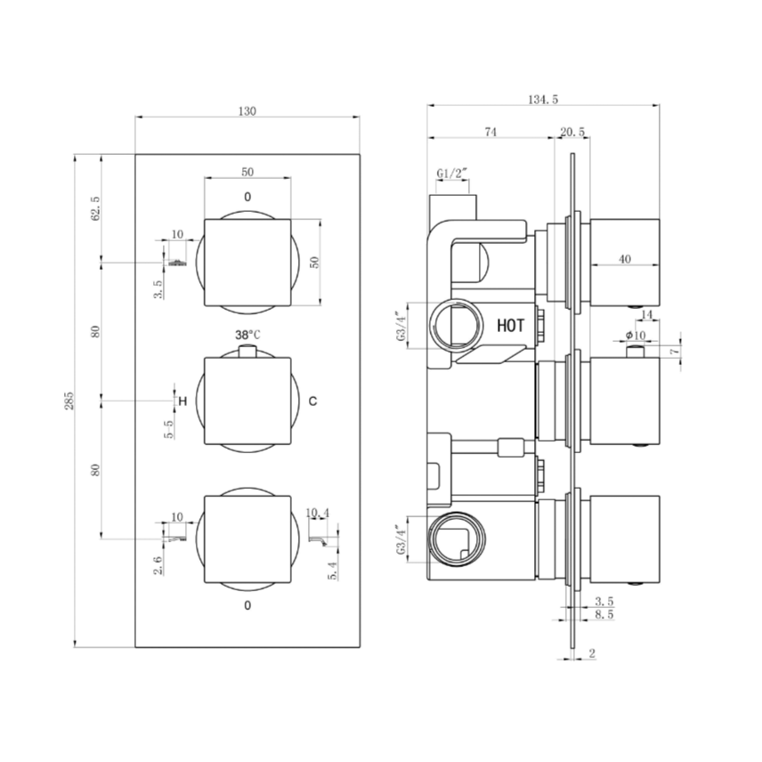 Fairford Una Chrome Square Concealed Triple Shower Valve with Diverter, 3 Outlet
