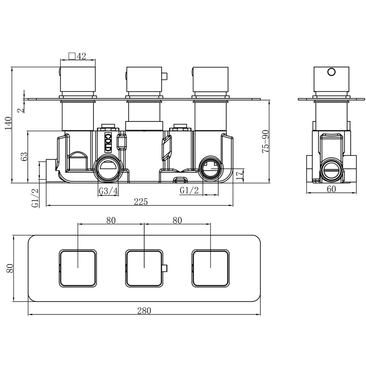 Fairford Una Matt Black Square Concealed Triple Shower Valve with Diverter, 3 Outlet