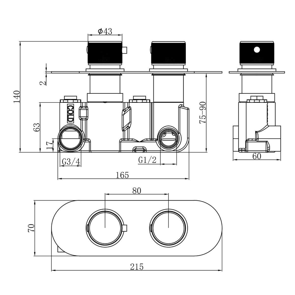 Fairford Element Brushed Brass Round Concealed Twin Shower Valve with Diverter, 2 Outlet