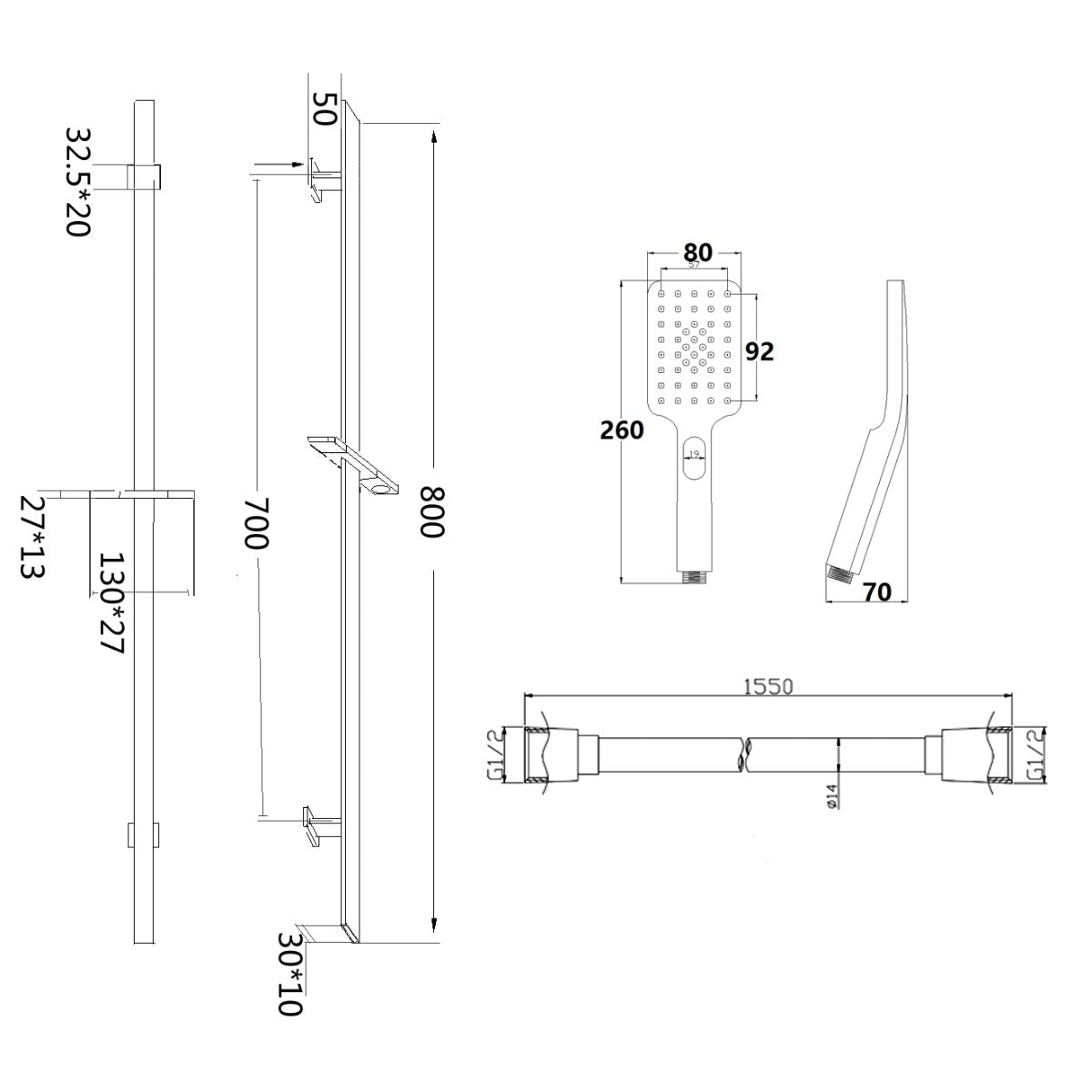 Fairford Doccia 8 Pro Square Slide Rail Kit, Chrome