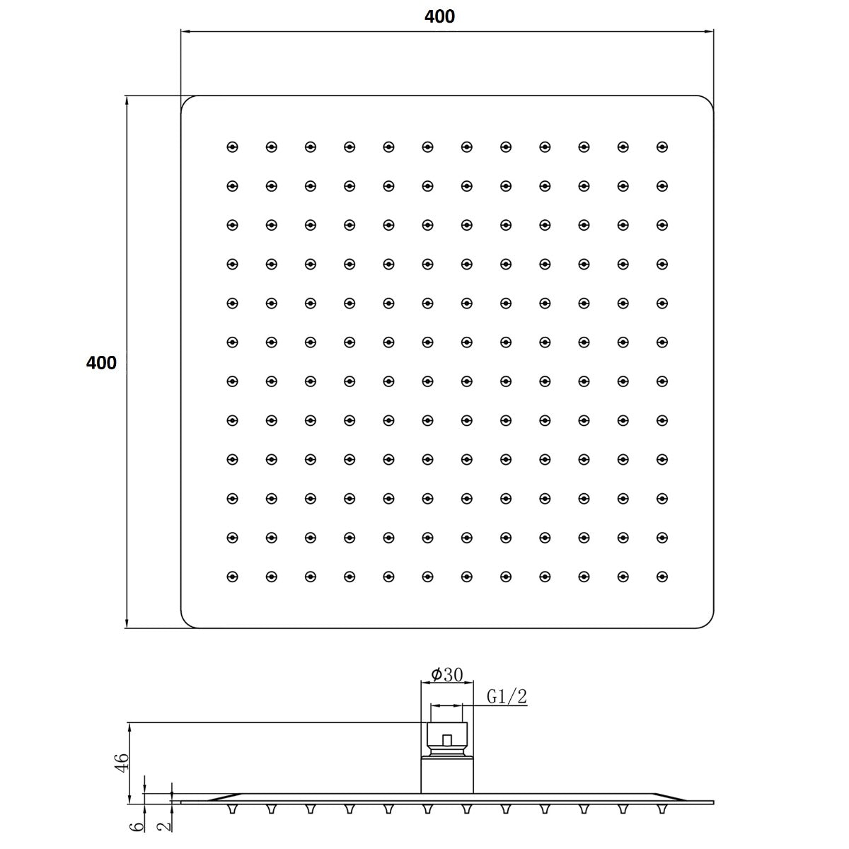 Fairford Una 400 x 400mm Square Overhead Shower Head, Chrome