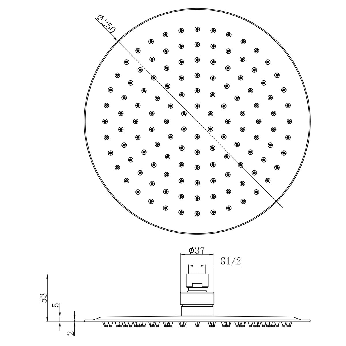 Fairford Element Matt Black 250 x 250mm Round Overhead Shower Head
