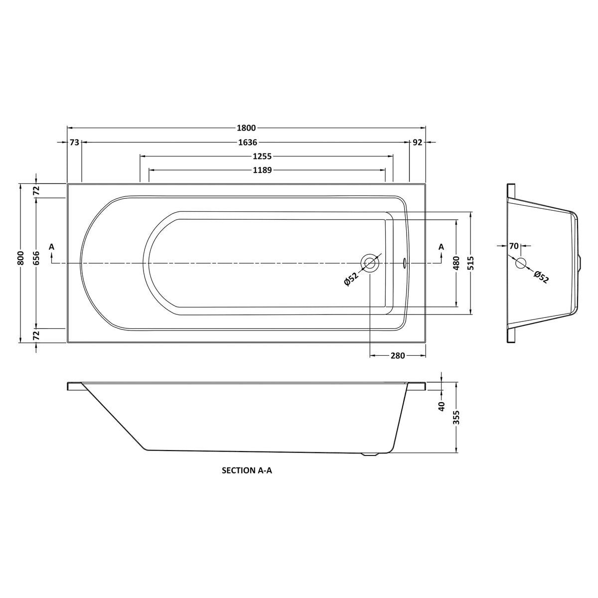 Fairford Novus 1800 x 800mm Single Ended Straight Bath, 0TH