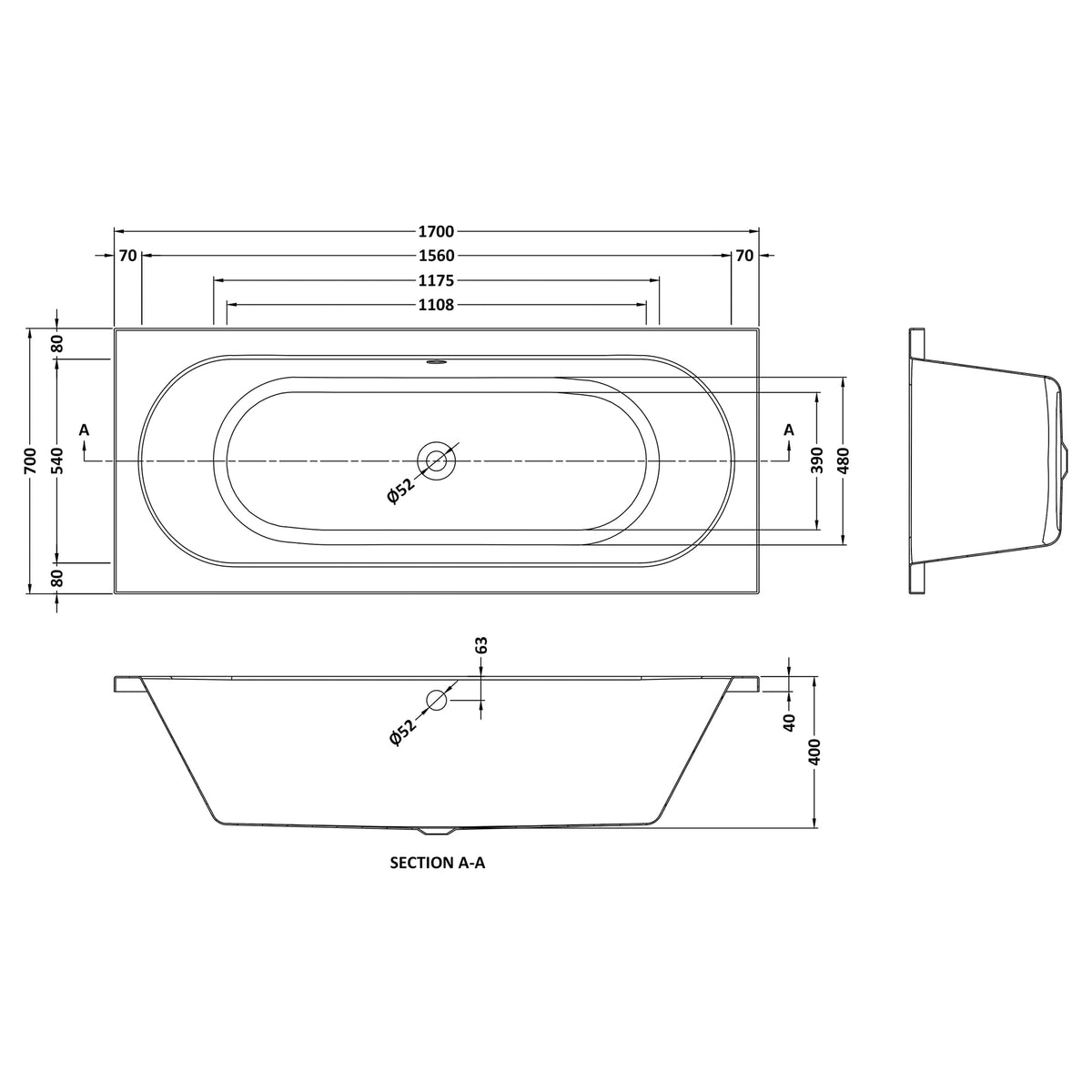 Fairford Ordo 1700 x 700mm Double Ended Straight Bath, 0TH