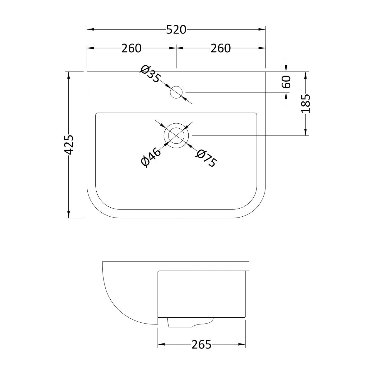 Fairford Luna 520mm 1TH Semi Recessed Basin