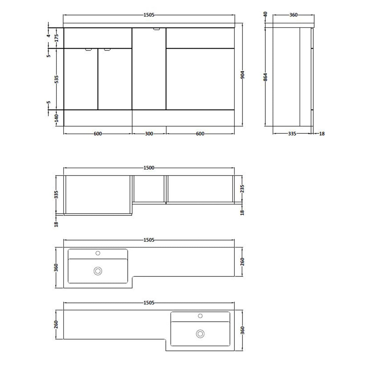 Fairford 1500mm Gloss White Left Hand Pack