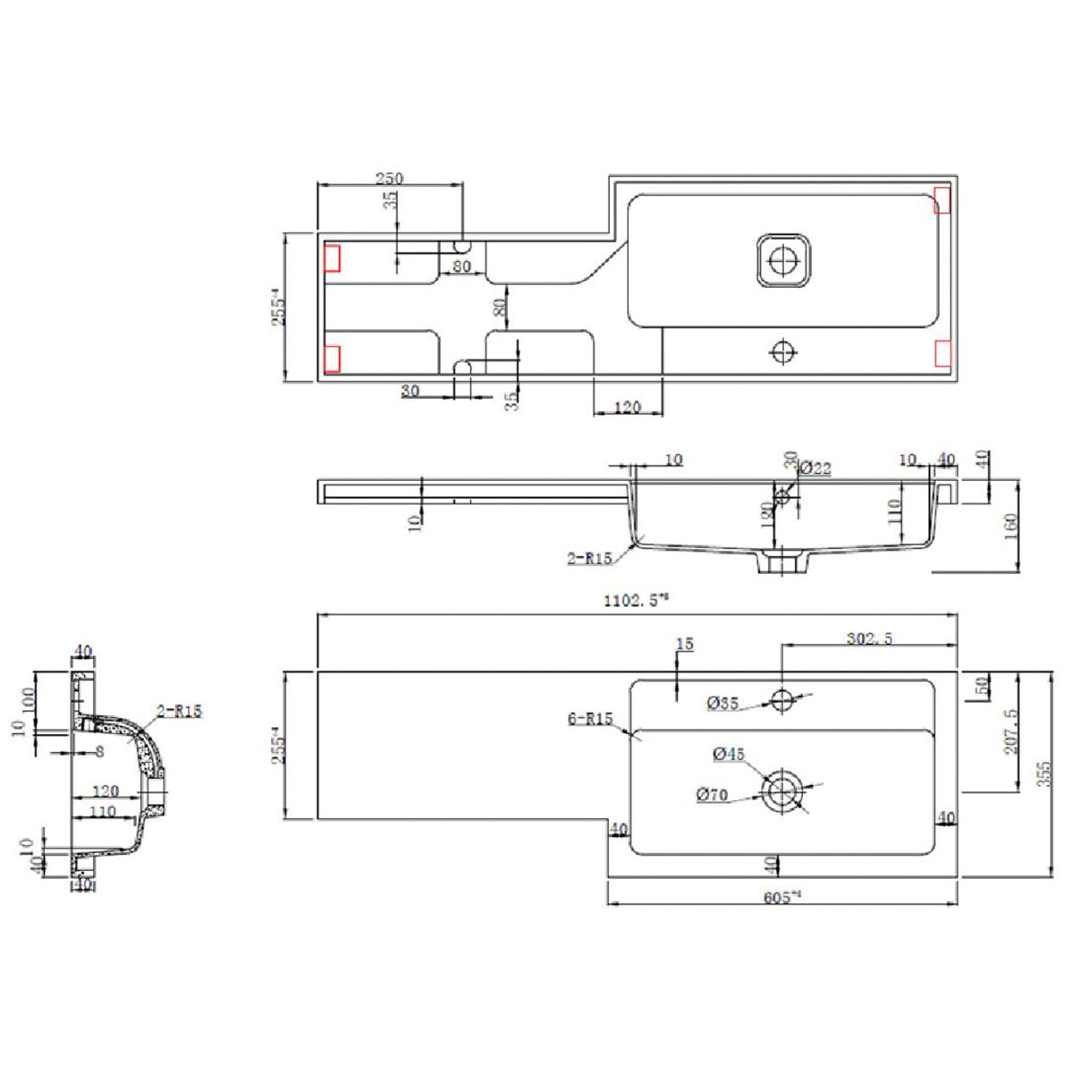 Fairford Union 1100mm RH L Shape Basin and Worktop
