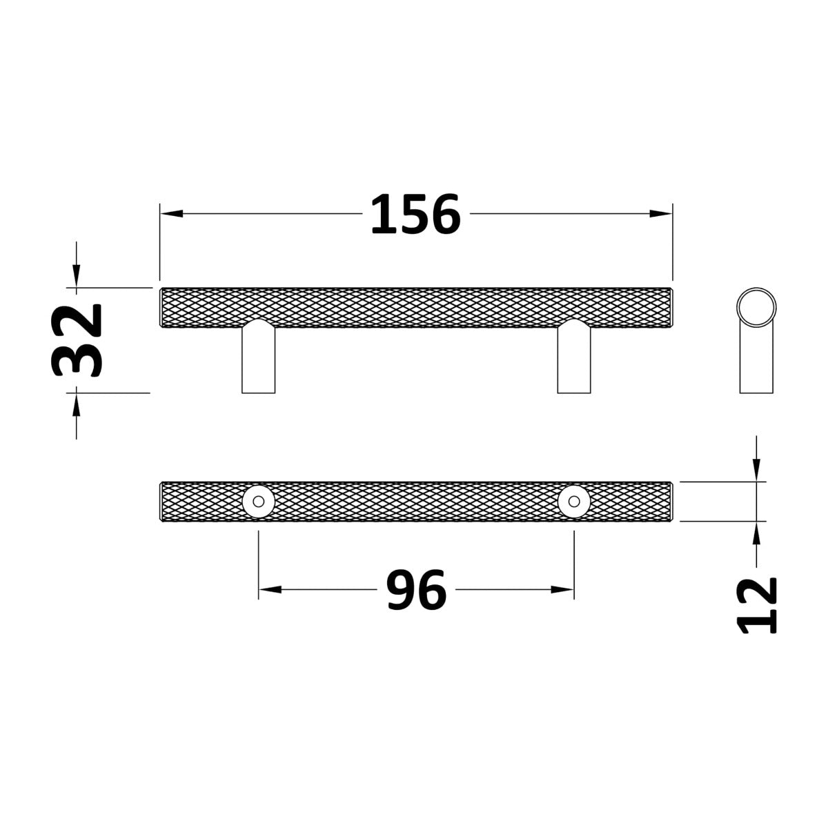 Knurled Bar Handle, Chrome, 96mm Centres