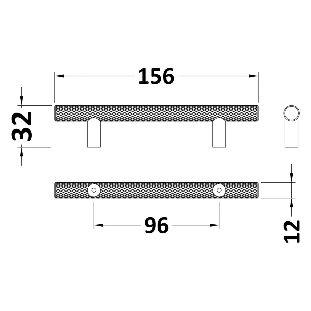 Knurled Bar Handle, Matt Black, 96mm Centres