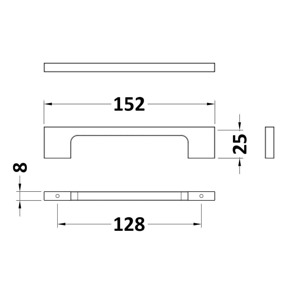 Slimline Square Handle, Matt Black, 128mm Centres