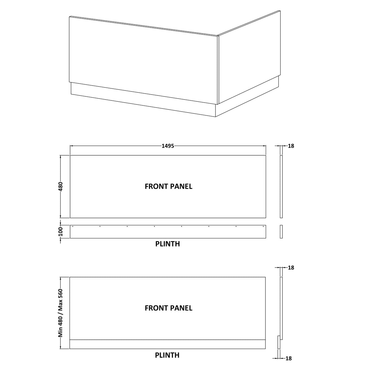 Fairford MDF White Straight Side Panel with Plinth, 1500mm
