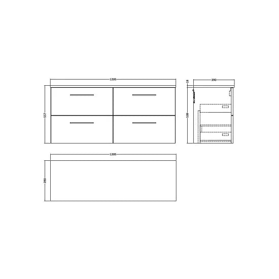 Fairford Aspri Satin Green 1200mm 4 Drawer Wall Hung Vanity Unit with Worktop