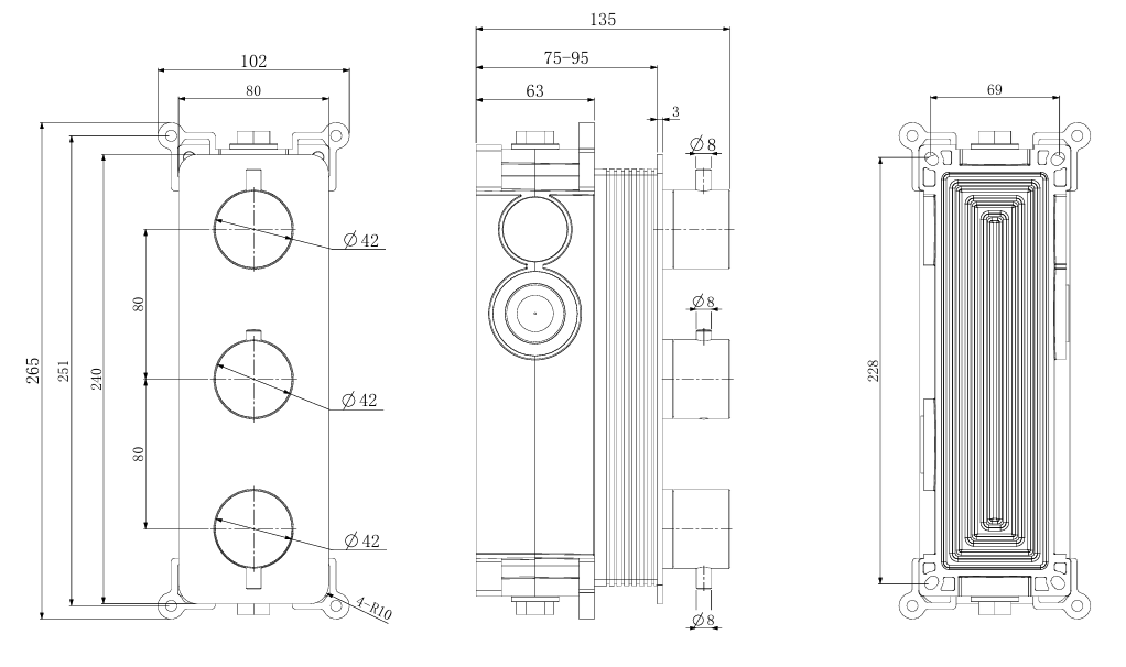 Fairford Element 7 Matt Black Triple Shower Valve, 3 Outlet