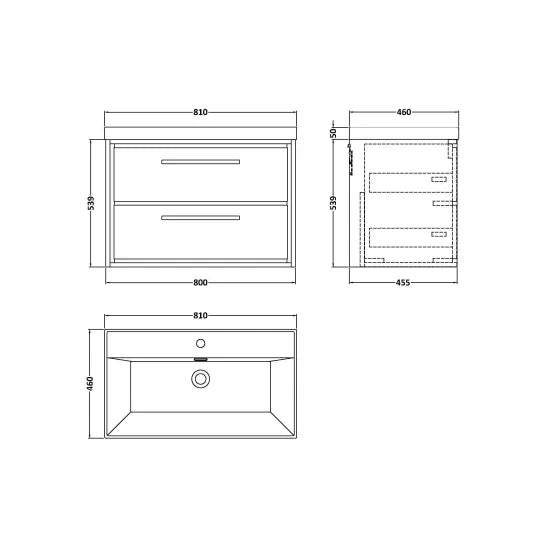 Fairford Tisse Graphite Grey Woodgrain 800mm 2 Drawer Wall Hung Vanity Unit with Thin Edged Basin