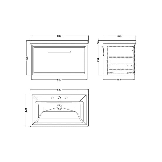 Fairford Tisse Antique Oak 800mm 1 Drawer Wall Hung Vanity Unit with 3 Tap Hole Basin