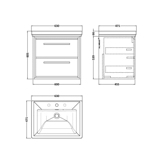 Fairford Tisse Pebble Grey 600mm 2 Drawer Wall Hung Vanity Unit with 3 Tap Hole Basin