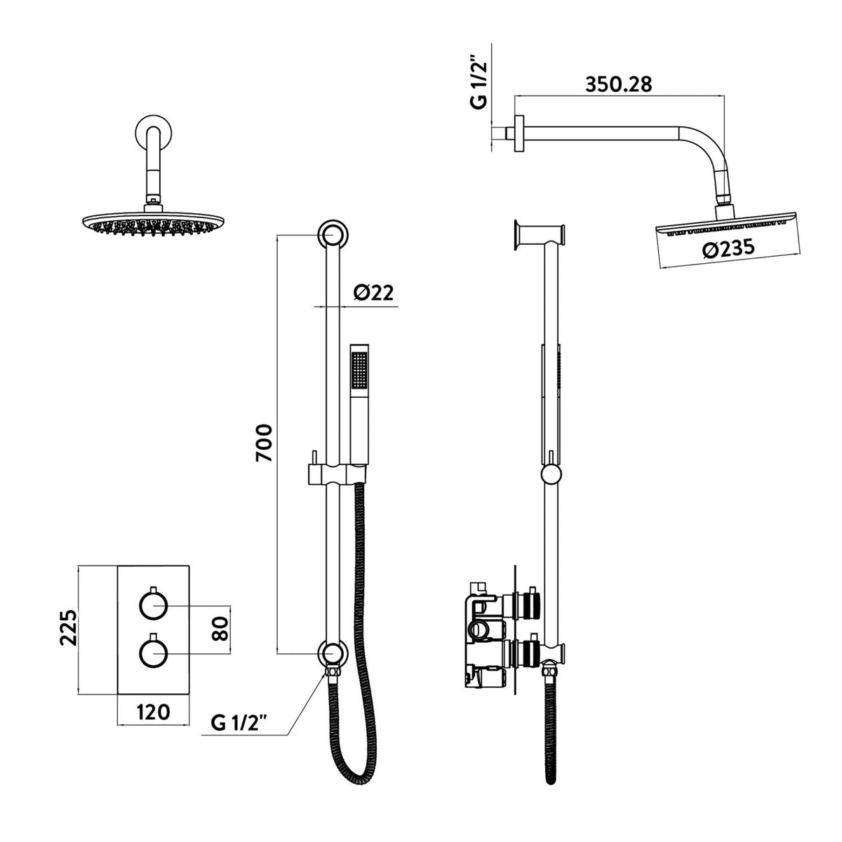 Fairford Element 7 Gunmetal Concealed Shower Kit with Overhead and Handset