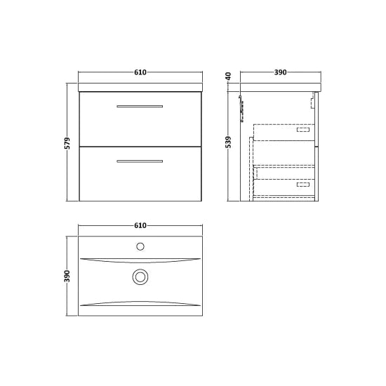 Fairford Aspri 600mm Gloss White 2-Drawer Wall Hung Vanity Unit