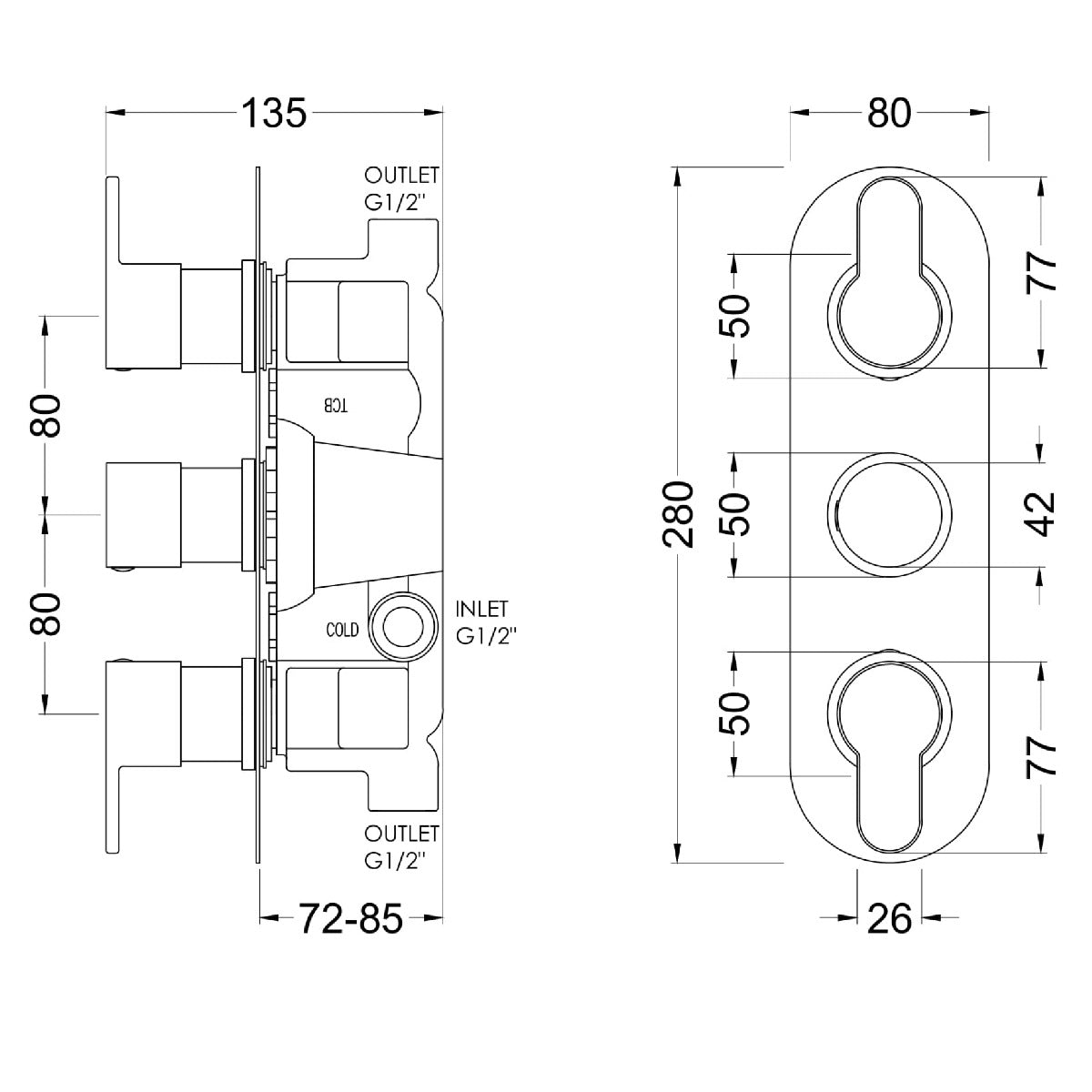 Fairford Element 10 Brushed Brass Round Concealed Triple Shower Valve, 2 Outlet