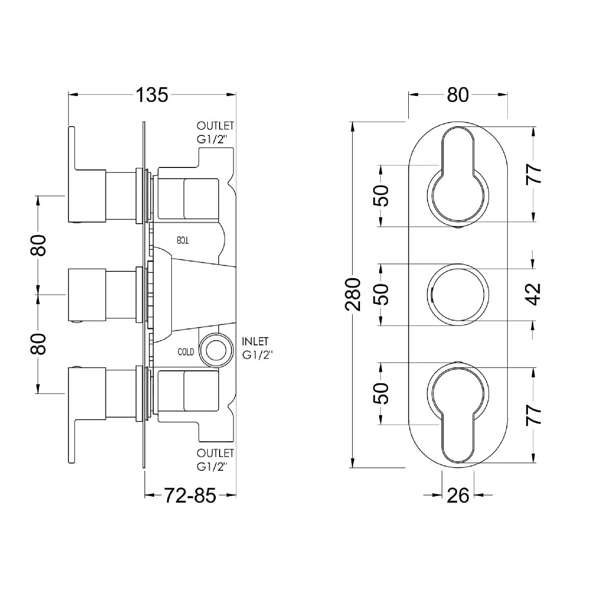 Fairford Element 10 Chrome Round Concealed Triple Shower Valve, 2 Outlet