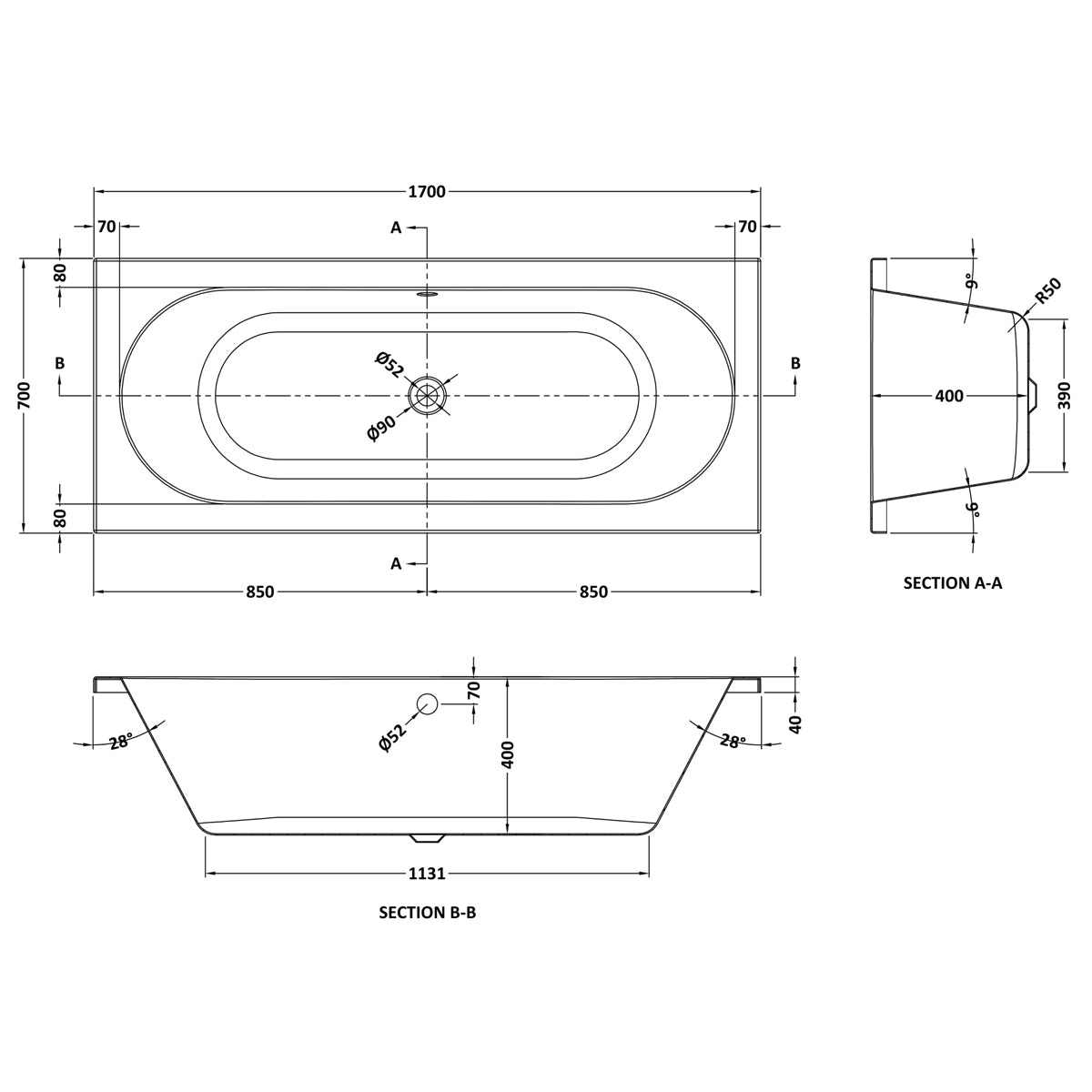 Fairford Ordo Pro Reinforced 1700 x 700mm Double Ended Straight Bath