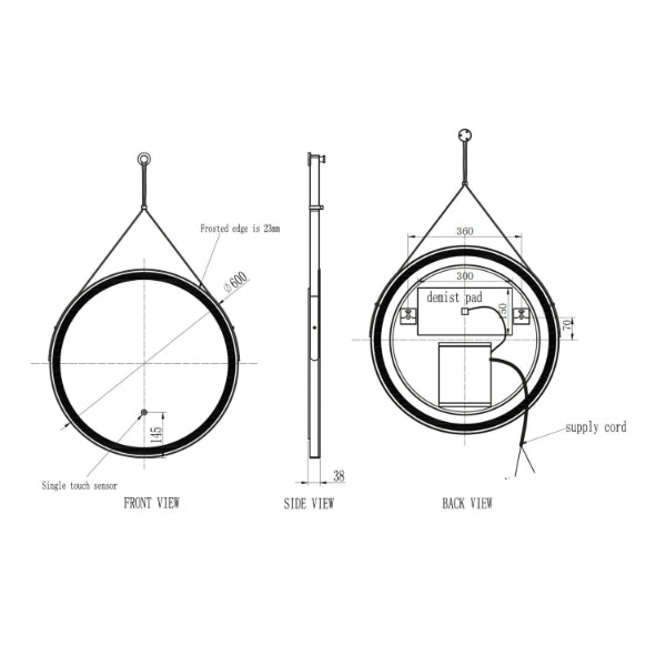 Fairford Belini Round Led Hanging Mirror - 600mm Wide - Matt Black