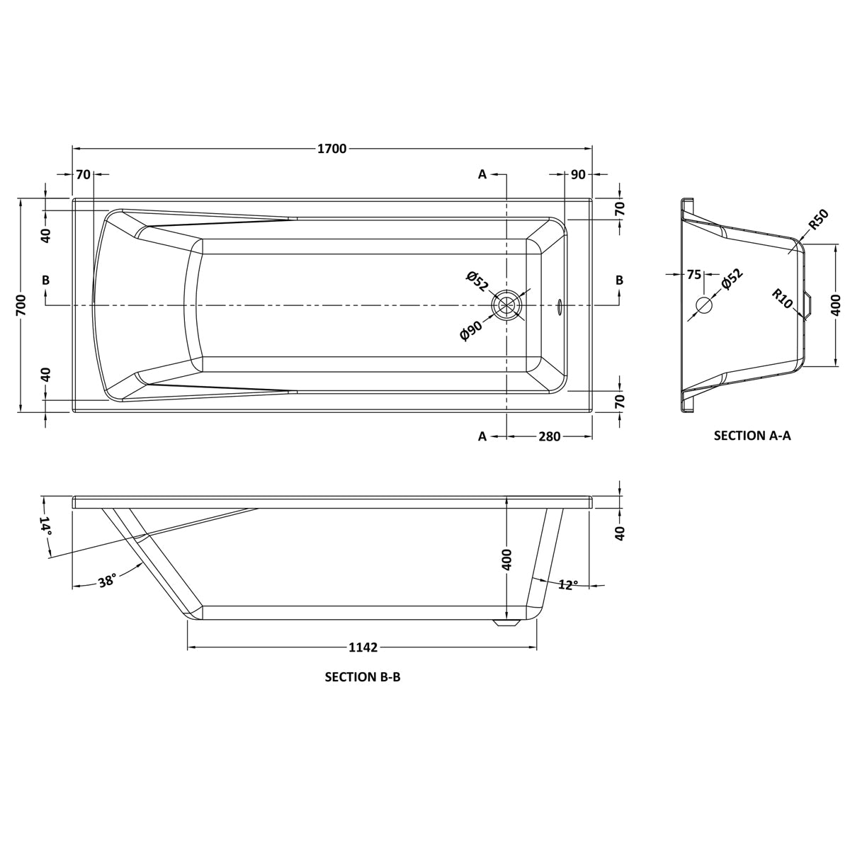 Fairford Dunsford Pro Reinforced 1700 x 700mm Single Ended Straight Bath
