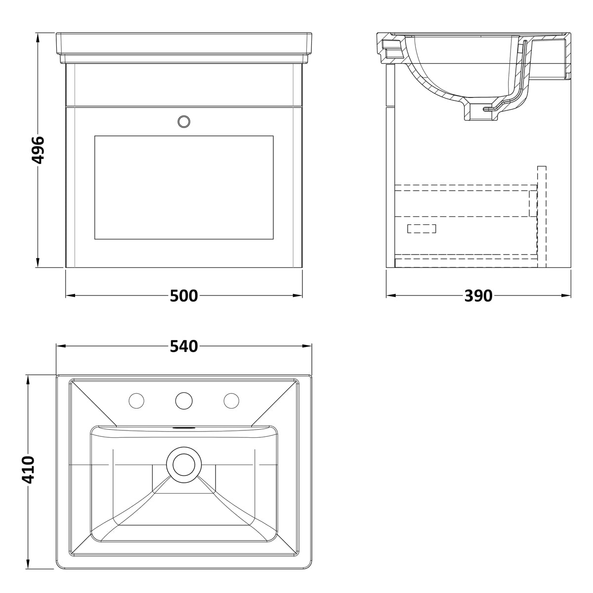 Fairford Laurel 500mm Wall Hung Satin Grey Vanity Unit - 3 Tap Hole