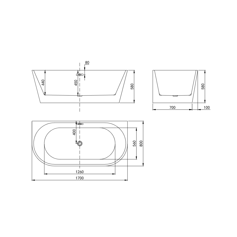 Rivato Como 1700 x 800 x 580mm Gloss White Freestanding Shower Bath