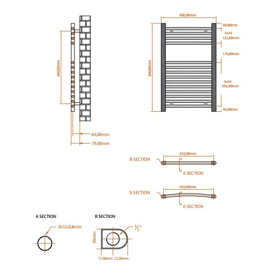 Fairford 400 x 800mm Straight Matt Black Towel Rail