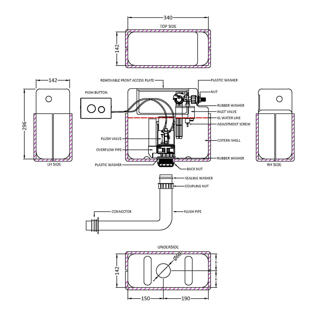 Fairford Filo Concealed Cistern with White Flush Button