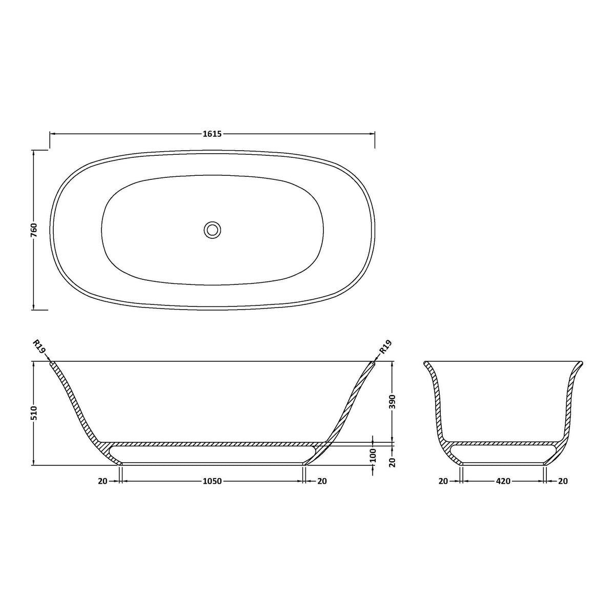Fairford Omnia 1680 x 750 x 570mm Matt Solid Surface Freestanding Bath