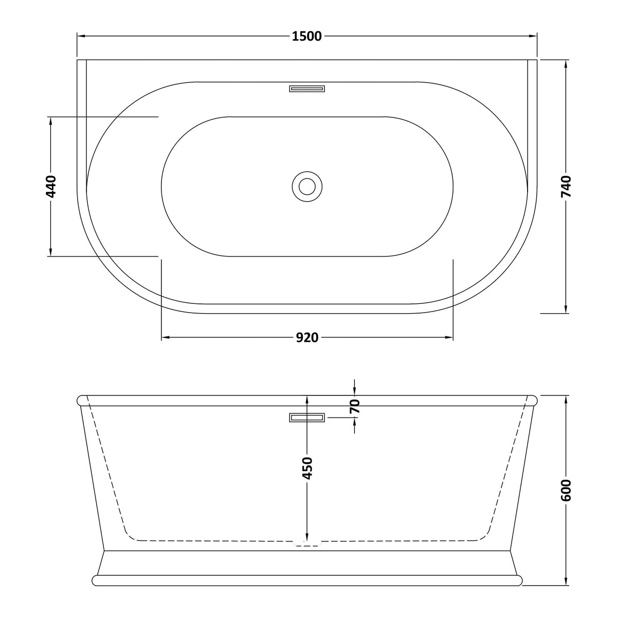 Fairford Farrara Back To Wall 1500 x 740 x 600mm Freestanding Bath