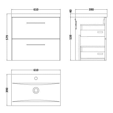 Fairford Aspri Soft Black 600mm 2 Drawer Wall Hung Vanity Unit