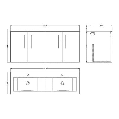 Fairford Aspri Soft Black 1200mm 4 Door Wall Hung Vanity Unit