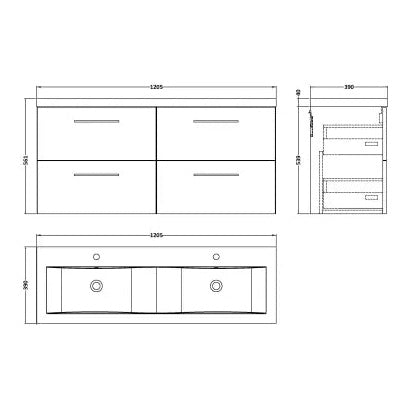 Fairford Aspri Soft Black 1200mm 4 Drawer Wall Hung Vanity Unit