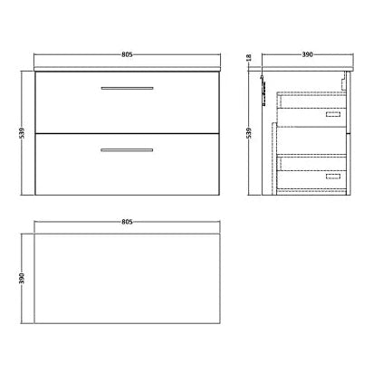 Fairford Aspri Satin Grey 800mm 2 Drawer Wall Hung Vanity Unit with Worktop