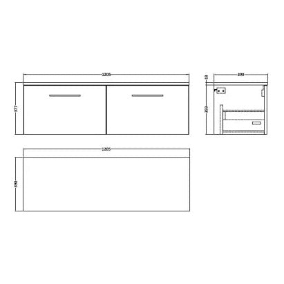Fairford Aspri Soft Black 1200mm 2 Drawer Wall Hung Vanity Unit with Worktop