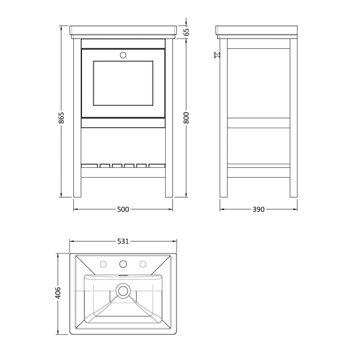 Fairford Juliette Satin Grey 500mm 1 Drawer Floorstanding Vanity Unit with 3 Tap Hole Basin